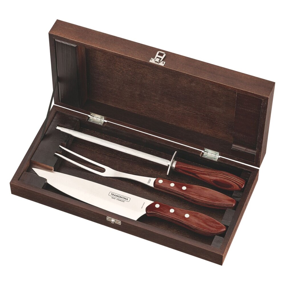 Kit para Churrasco Tramontina em Aço Inox Cabo Vermelho Polywood com Estojo de Madeira 4 Peças - Comercial Campeã