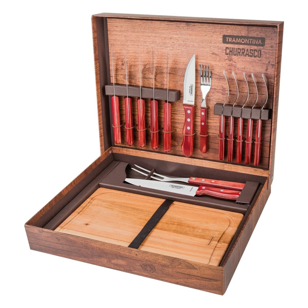 Kit Churrasco Lâminas Aço Inox e Cabos em Madeira Polywood Vermelho Caixa de Papelão 15 Peças - Comercial Campeã