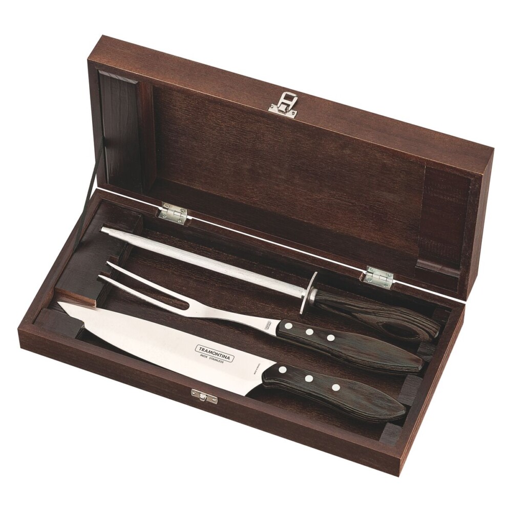 Kit Churrasco Tramontina  Aço Inox com Cabo Castanho Polywood – Estojo em Madeira 4 Peças - Comercial Campeã