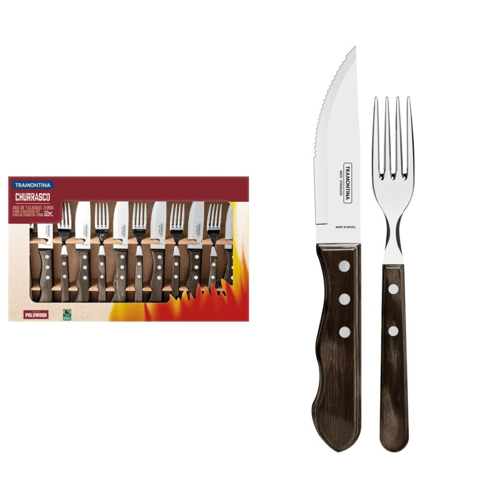 Jogo de Talheres para Churrasco Jumbo em Aço Inox com Cabo Castanho Polywood 12 Peças - Comercial Campeã