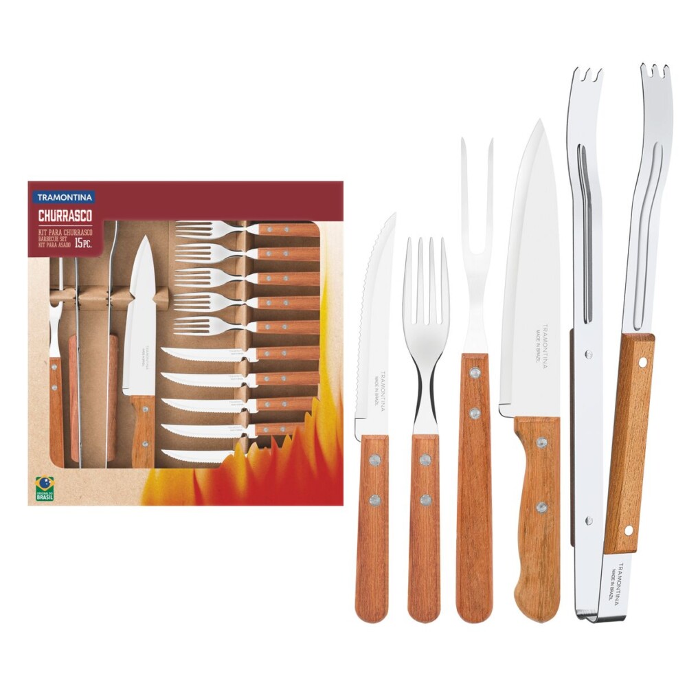 Kit para Churrasco Tramontina em Aço Inox com Cabo de Madeira Natural 15 Peças - Comercial Campeã